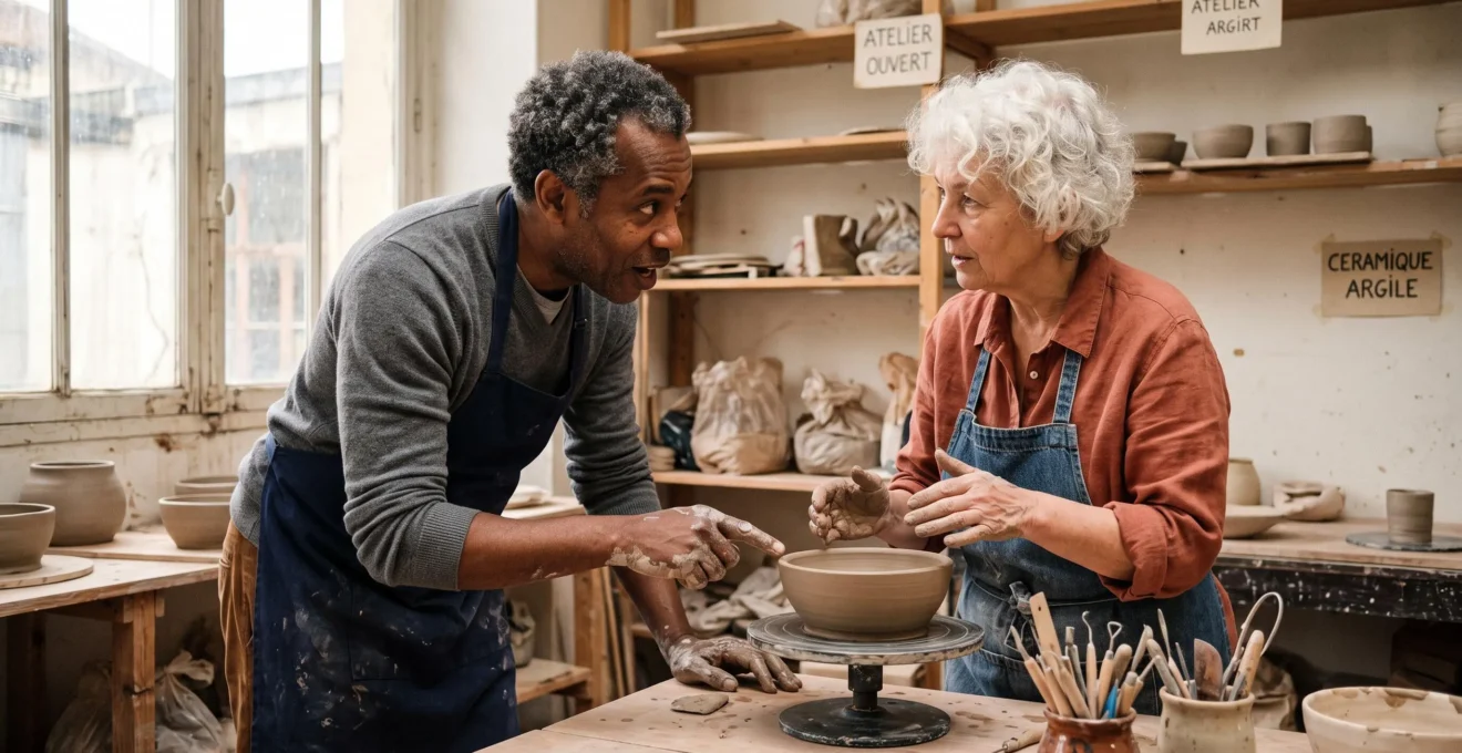Un apprenant échange avec une animatrice lors d'un atelier de poterie, en pratiquant le français au cours de l'activité.