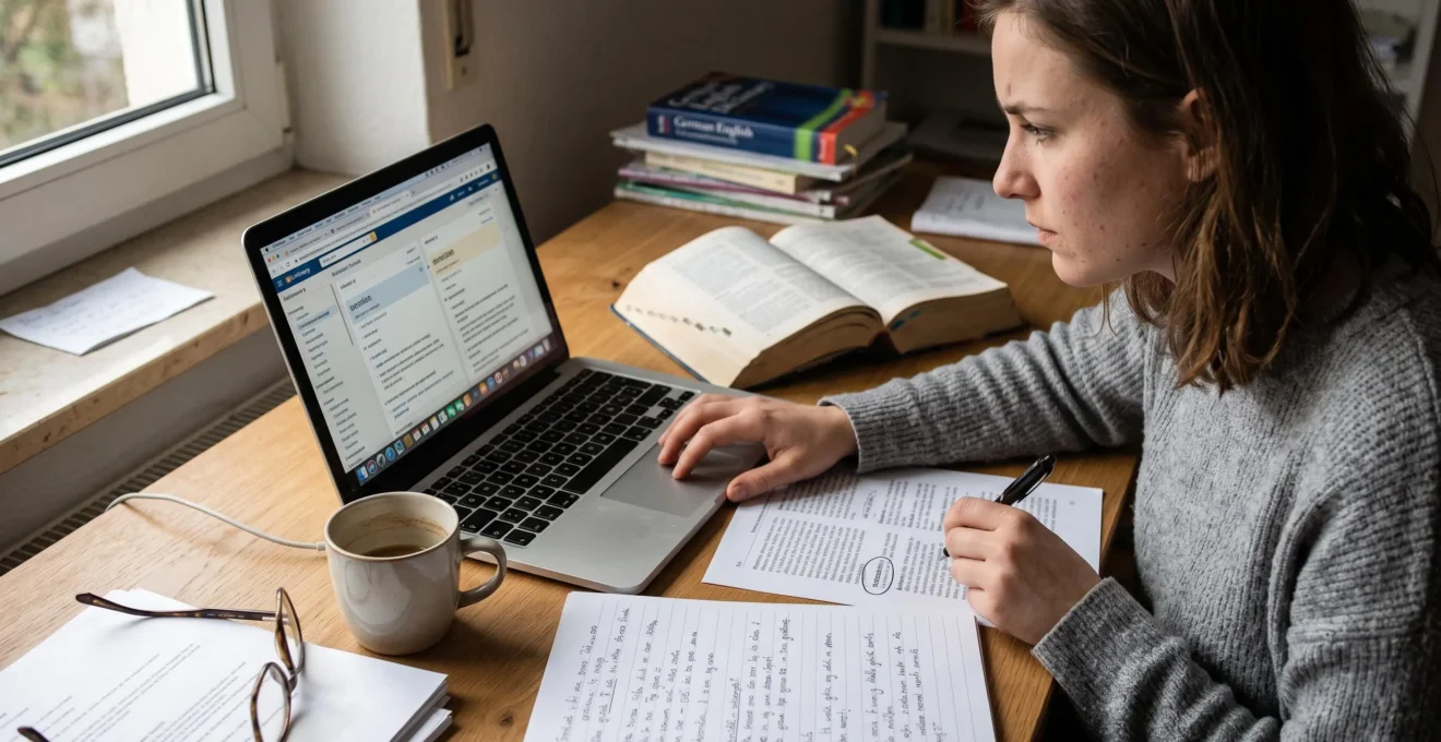 Une personne apprend une langue en comparant les traductions affichées sur un dictionnaire numérique avec un texte imprimé annoté sur son bureau.