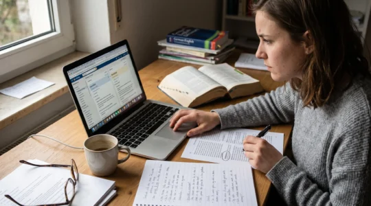 Une personne apprend une langue en comparant les traductions affichées sur un dictionnaire numérique avec un texte imprimé annoté sur son bureau.
