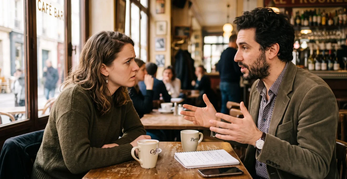 Un apprenant écoute attentivement un locuteur natif parlant rapidement dans un café parisien.