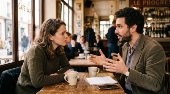 Un apprenant écoute attentivement un locuteur natif parlant rapidement dans un café parisien.