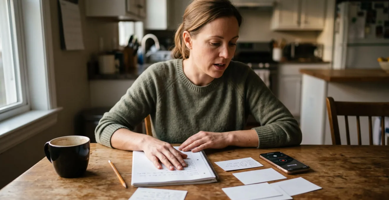 Un apprenant assis à une table de cuisine récite à voix haute des phrases notées sur des fiches, un carnet ouvert à côté de lui.