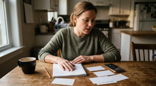 Un apprenant assis à une table de cuisine récite à voix haute des phrases notées sur des fiches, un carnet ouvert à côté de lui.