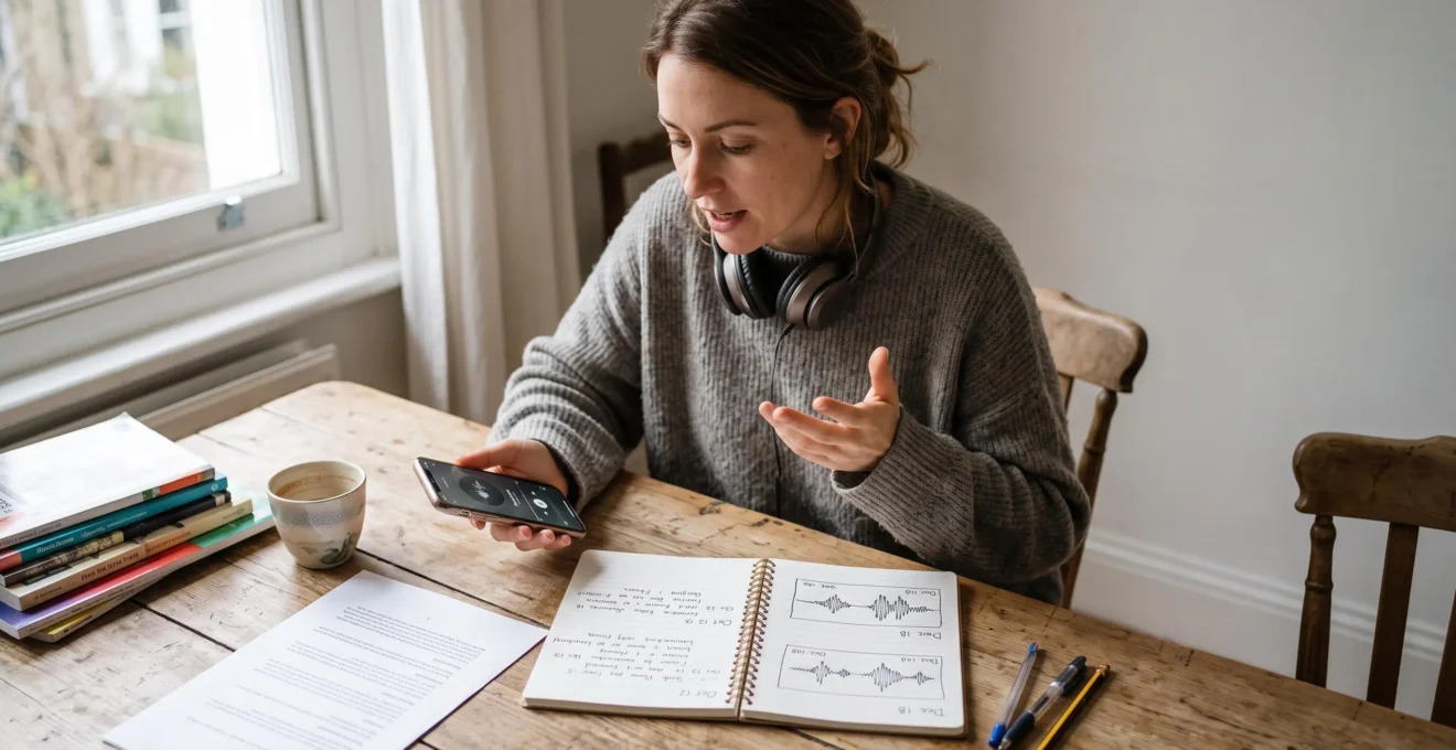 Une apprenante compare une prise de son récente et des notes anciennes sur son progression à l'oral, casque autour du cou, à son bureau.