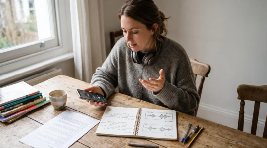 Une apprenante compare une prise de son récente et des notes anciennes sur son progression à l'oral, casque autour du cou, à son bureau.