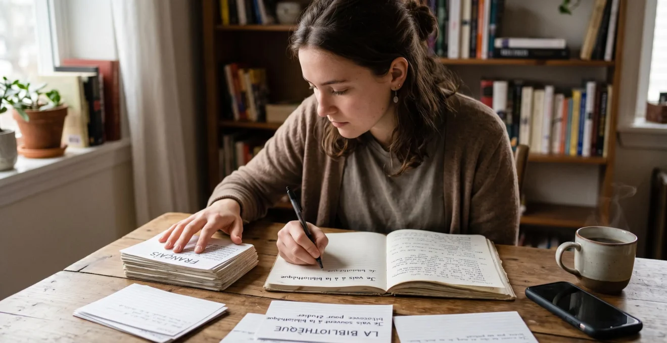 Une apprenante assise à une table recouvre des cartes de vocabulaire manuscrites tout en rédigeant une phrase dans un carnet, dans une pièce éclairée par la lumière du matin.