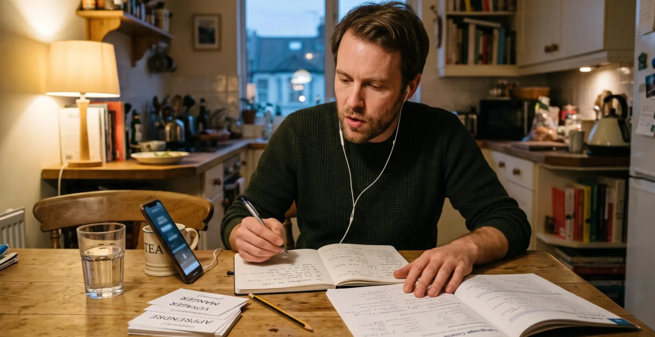 Un adulte apprend une langue à table le soir, répétant à voix haute tout en prenant des notes dans un cahier.
