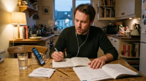 Un adulte apprend une langue à table le soir, répétant à voix haute tout en prenant des notes dans un cahier.