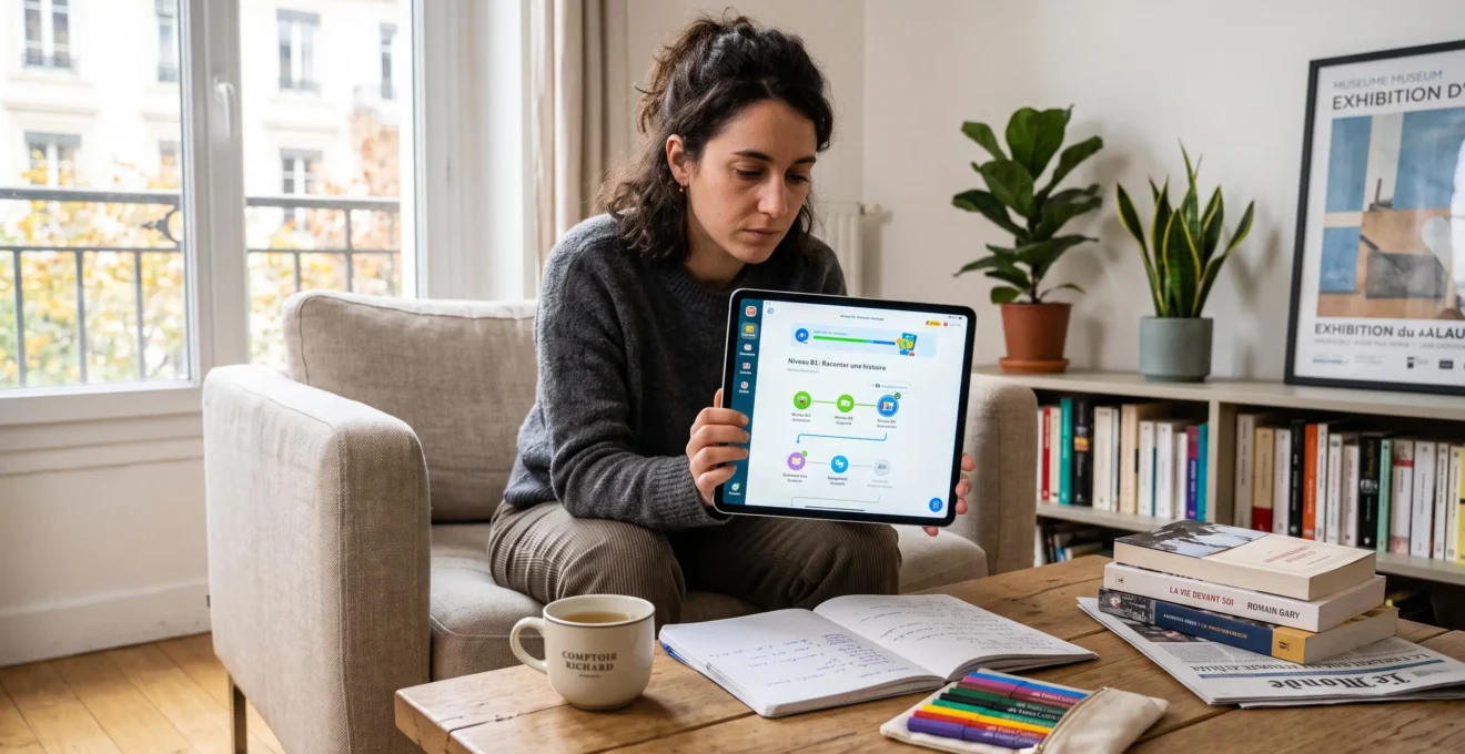 Une personne utilise une tablette pour apprendre une langue dans un environnement domestique organisé.