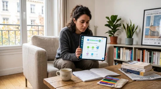 Une personne utilise une tablette pour apprendre une langue dans un environnement domestique organisé.
