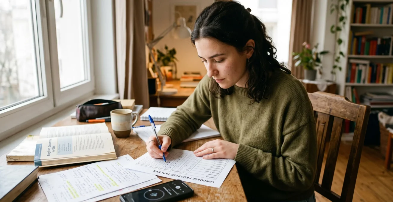 Une personne assise à un bureau en bois remplit une grille d'auto-évaluation papier avec un stylo, dans un appartement éclairé par la lumière du jour.