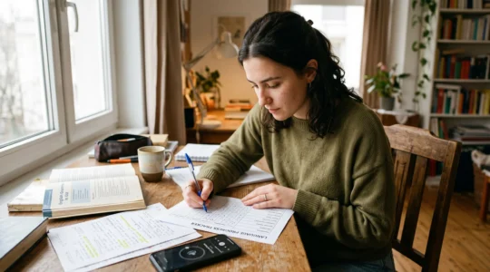 Une personne assise à un bureau en bois remplit une grille d'auto-évaluation papier avec un stylo, dans un appartement éclairé par la lumière du jour.