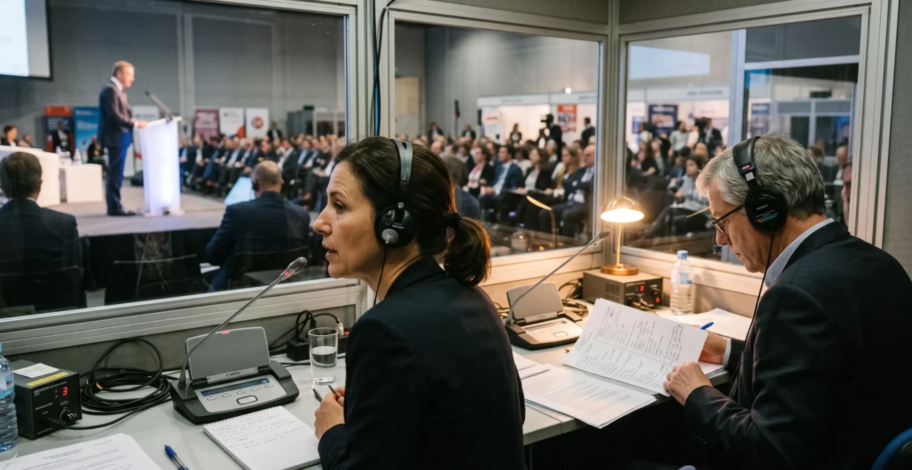 Deux interprètes simultanés travaillent en cabine avec casques et micros lors d'une conférence multilingue.