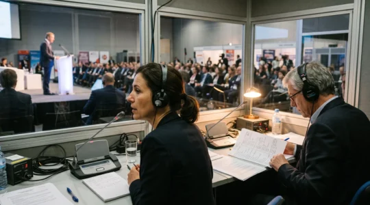 Deux interprètes simultanés travaillent en cabine avec casques et micros lors d'une conférence multilingue.