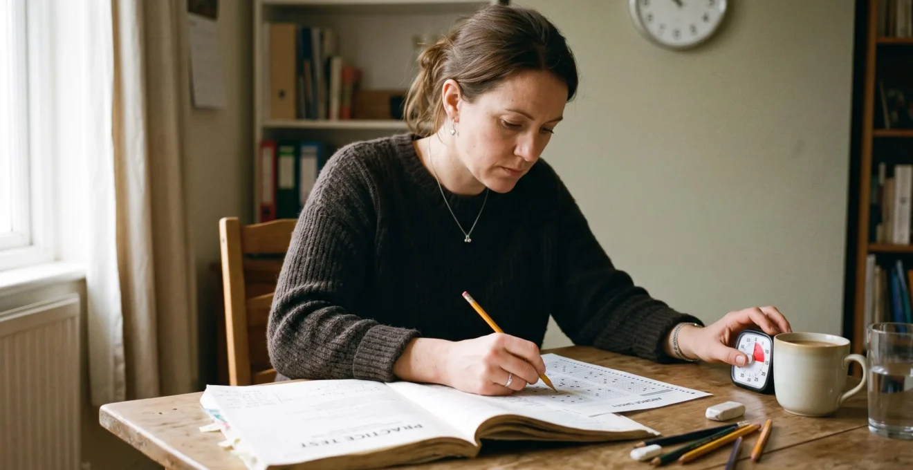 Un candidat chronomètre une série d'exercices d'entraînement au test TOEIC, crayon en main au-dessus d'une grille de réponses.
