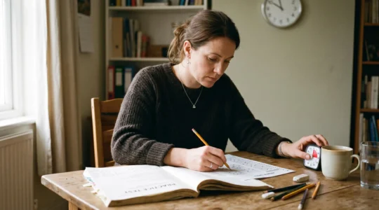 Un candidat chronomètre une série d'exercices d'entraînement au test TOEIC, crayon en main au-dessus d'une grille de réponses.