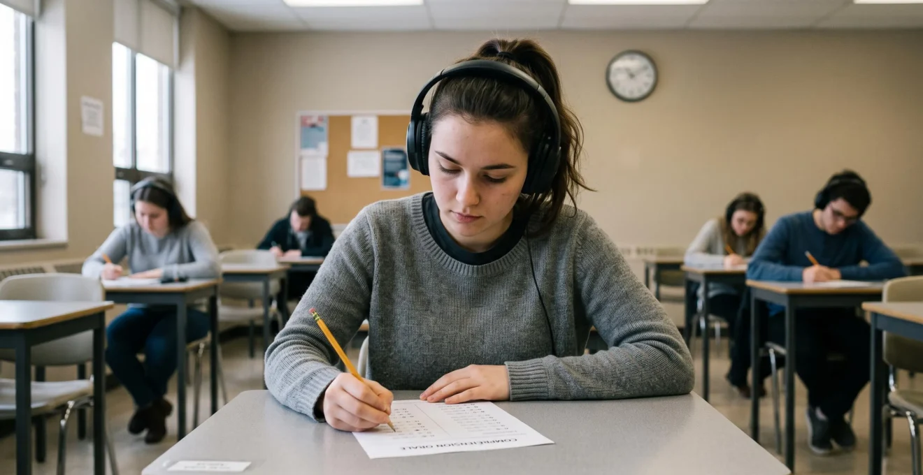 Un candidat avec un casque audio répond à une épreuve de compréhension orale lors d'un examen de certification de langue dans une salle d'examen.