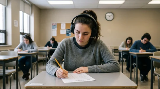 Un candidat avec un casque audio répond à une épreuve de compréhension orale lors d'un examen de certification de langue dans une salle d'examen.