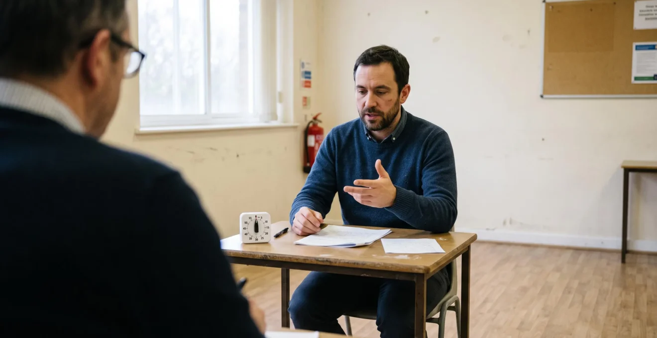 Un candidat expose oralement devant un examinateur dans une salle d'examen, des notes manuscrites posées sur la table devant lui.