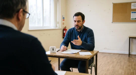 Un candidat expose oralement devant un examinateur dans une salle d'examen, des notes manuscrites posées sur la table devant lui.