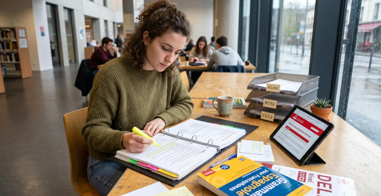 Étudiant analysant des ressources et des niveaux du cursus de l'Institut Cervantes pour choisir la bonne méthode d'apprentissage.