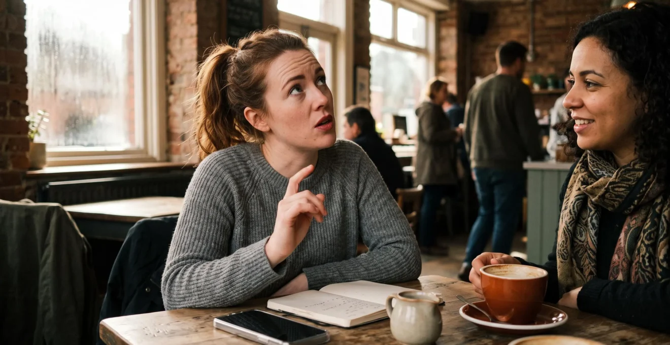 Une femme en pleine conversation dans un café, cherchant ses mots en discutant avec une amie qui l'écoute.