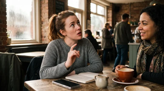 Une femme en pleine conversation dans un café, cherchant ses mots en discutant avec une amie qui l'écoute.