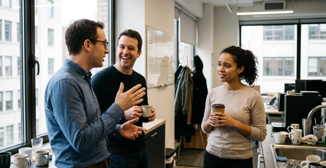 Trois collègues discutent près d'une fenêtre dans un open-space pendant qu'une personne écoute attentivement sans encore participer.