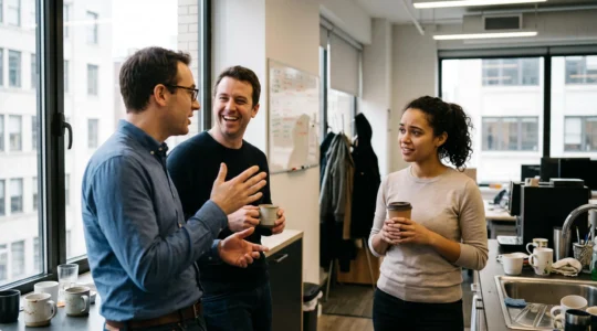 Trois collègues discutent près d'une fenêtre dans un open-space pendant qu'une personne écoute attentivement sans encore participer.