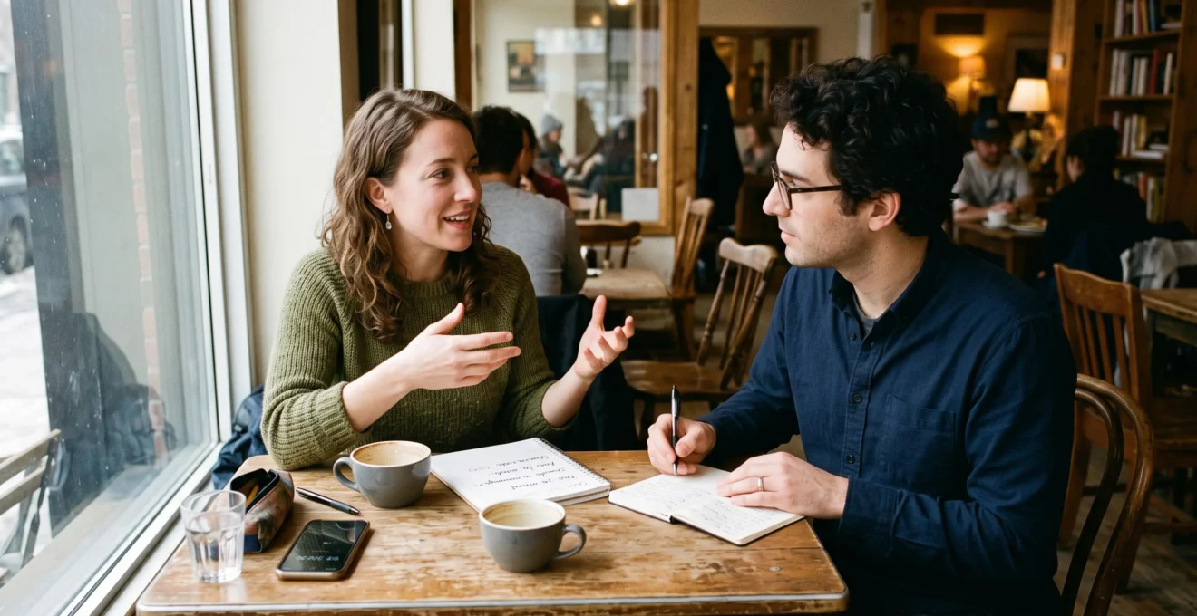 Deux adultes en échange linguistique à une table de café, l'un parlant avec des gestes, l'autre prenant des notes dans un carnet.
