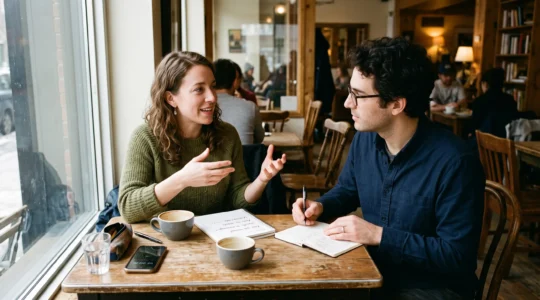 Deux adultes en échange linguistique à une table de café, l'un parlant avec des gestes, l'autre prenant des notes dans un carnet.