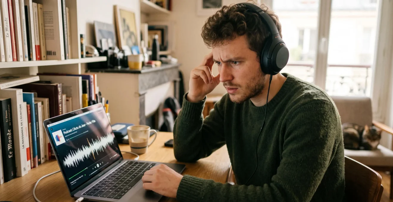 Une personne concentrée écoutant un podcast en français avec des écouteurs, illustrant la difficulté à comprendre la parole native rapide.