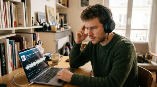 Une personne concentrée écoutant un podcast en français avec des écouteurs, illustrant la difficulté à comprendre la parole native rapide.