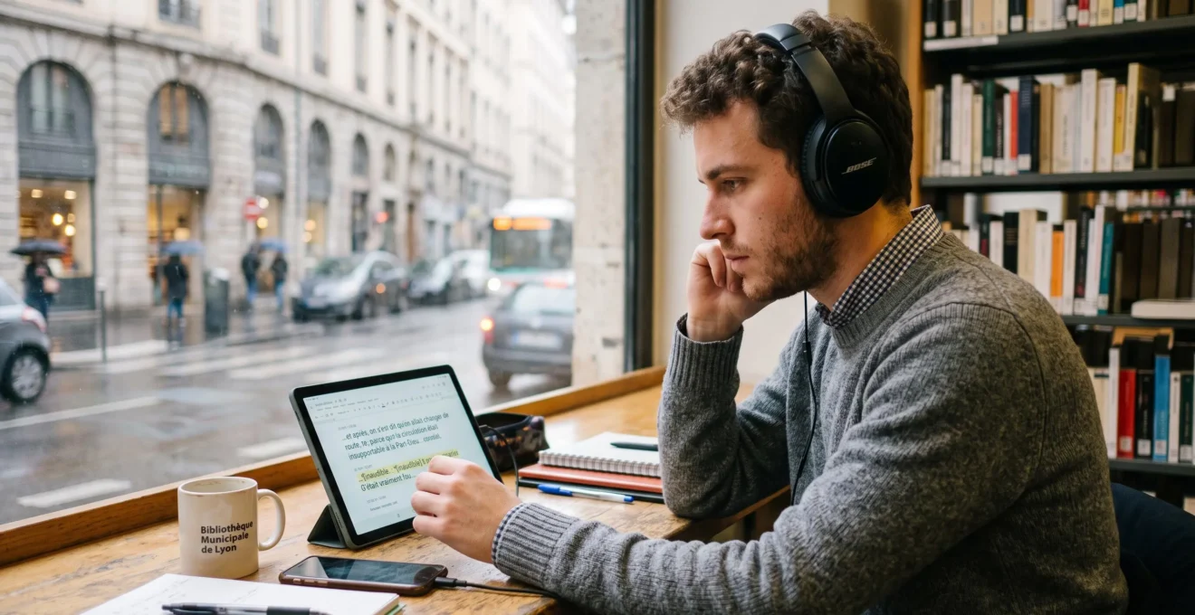 Jeune homme écoutant attentivement un discours rapide en français à travers un casque audio.