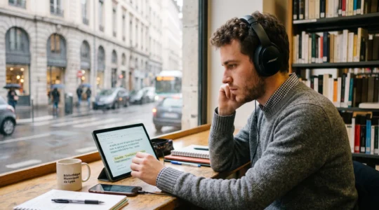 Jeune homme écoutant attentivement un discours rapide en français à travers un casque audio.