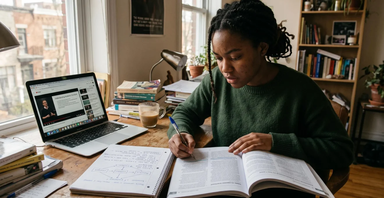 Un étudiant annote un article académique imprimé dans un espace de travail personnel, avec un ordinateur portable et un carnet de notes à côté.