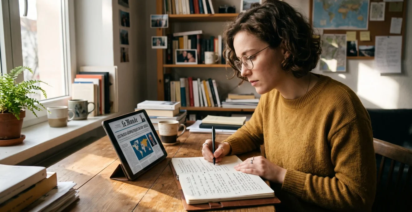 Personne lisant un article de presse numérique et prenant des notes manuscrites sur un bureau.