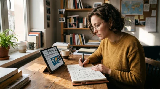 Personne lisant un article de presse numérique et prenant des notes manuscrites sur un bureau.