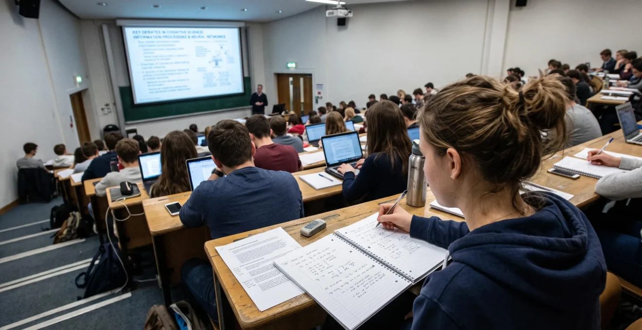 Un étudiant prend des notes condensées dans un grand amphithéâtre pendant un cours magistral en anglais, le conférencier visible au loin devant un écran projeté.