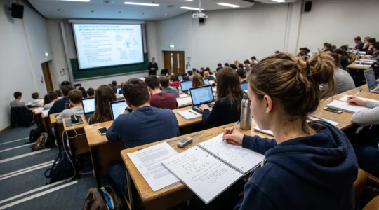 Un étudiant prend des notes condensées dans un grand amphithéâtre pendant un cours magistral en anglais, le conférencier visible au loin devant un écran projeté.