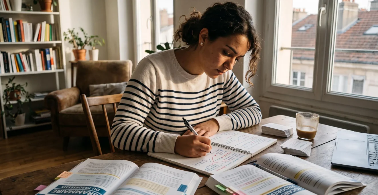 Étudiant en français prenant des notes structurées sur un bureau après une longue journée de cours intensifs.