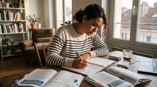 Étudiant en français prenant des notes structurées sur un bureau après une longue journée de cours intensifs.