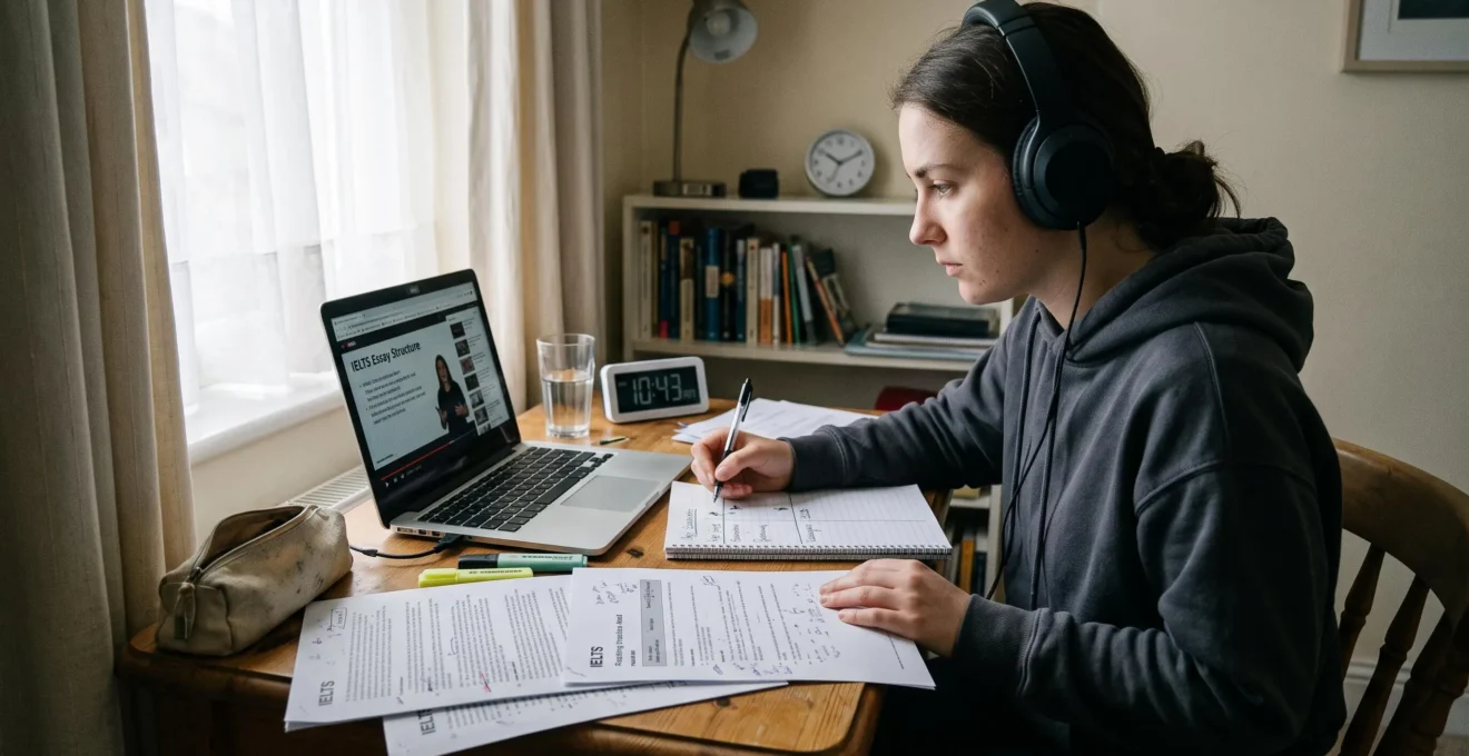 Un étudiant casque sur les oreilles prend des notes en deux colonnes sur un cahier tout en regardant un cours en anglais sur son ordinateur portable.