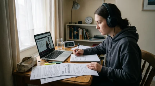 Un étudiant casque sur les oreilles prend des notes en deux colonnes sur un cahier tout en regardant un cours en anglais sur son ordinateur portable.