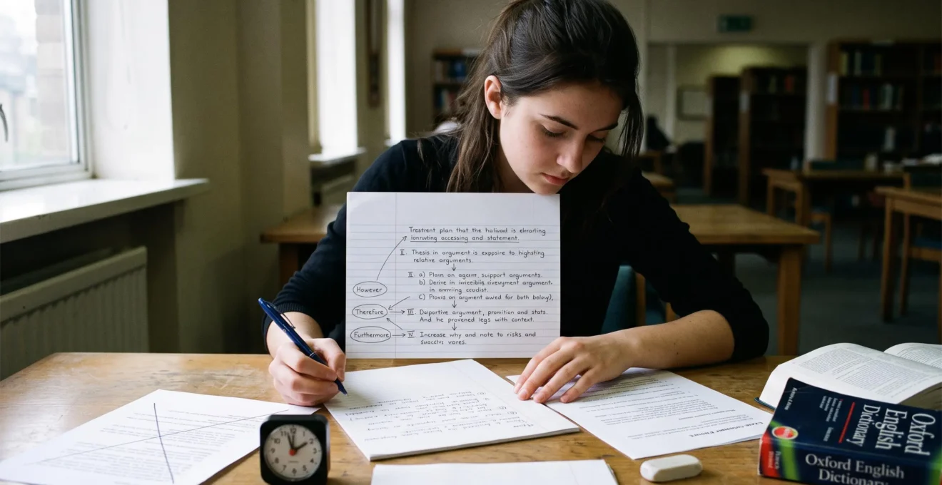 Une étudiante rédige au stylo un plan d'essai argumenté sur une feuille de papier, avec un chronomètre et un sujet d'examen posés sur le bureau.
