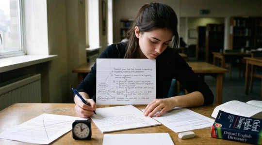 Une étudiante rédige au stylo un plan d'essai argumenté sur une feuille de papier, avec un chronomètre et un sujet d'examen posés sur le bureau.