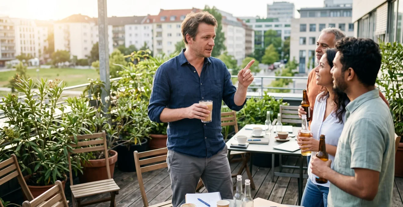Un expatrié rejoint une conversation avec des collègues locaux autour d'une table de terrasse en fin de journée.