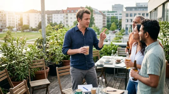 Un expatrié rejoint une conversation avec des collègues locaux autour d'une table de terrasse en fin de journée.