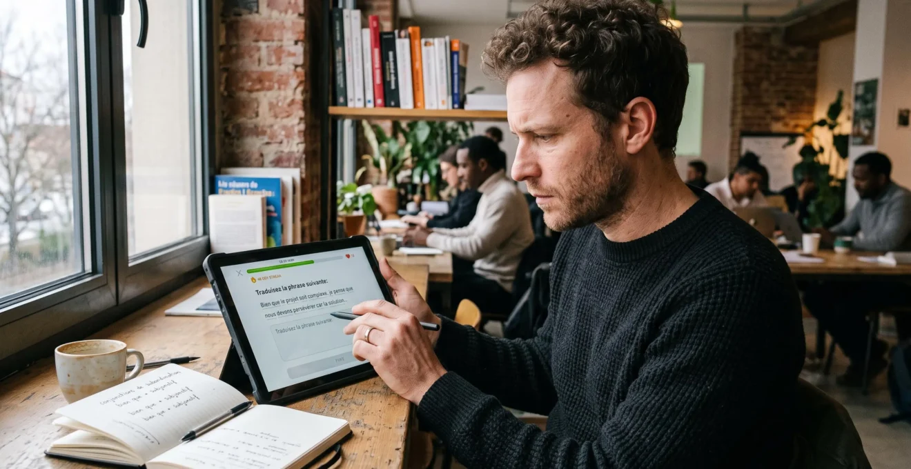 Un homme réfléchissant devant une tablette d'apprentissage des langues, délaissant les indicateurs de jeu pour se concentrer sur la production écrite.