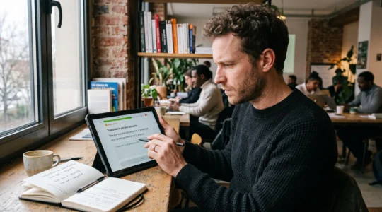Un homme réfléchissant devant une tablette d'apprentissage des langues, délaissant les indicateurs de jeu pour se concentrer sur la production écrite.